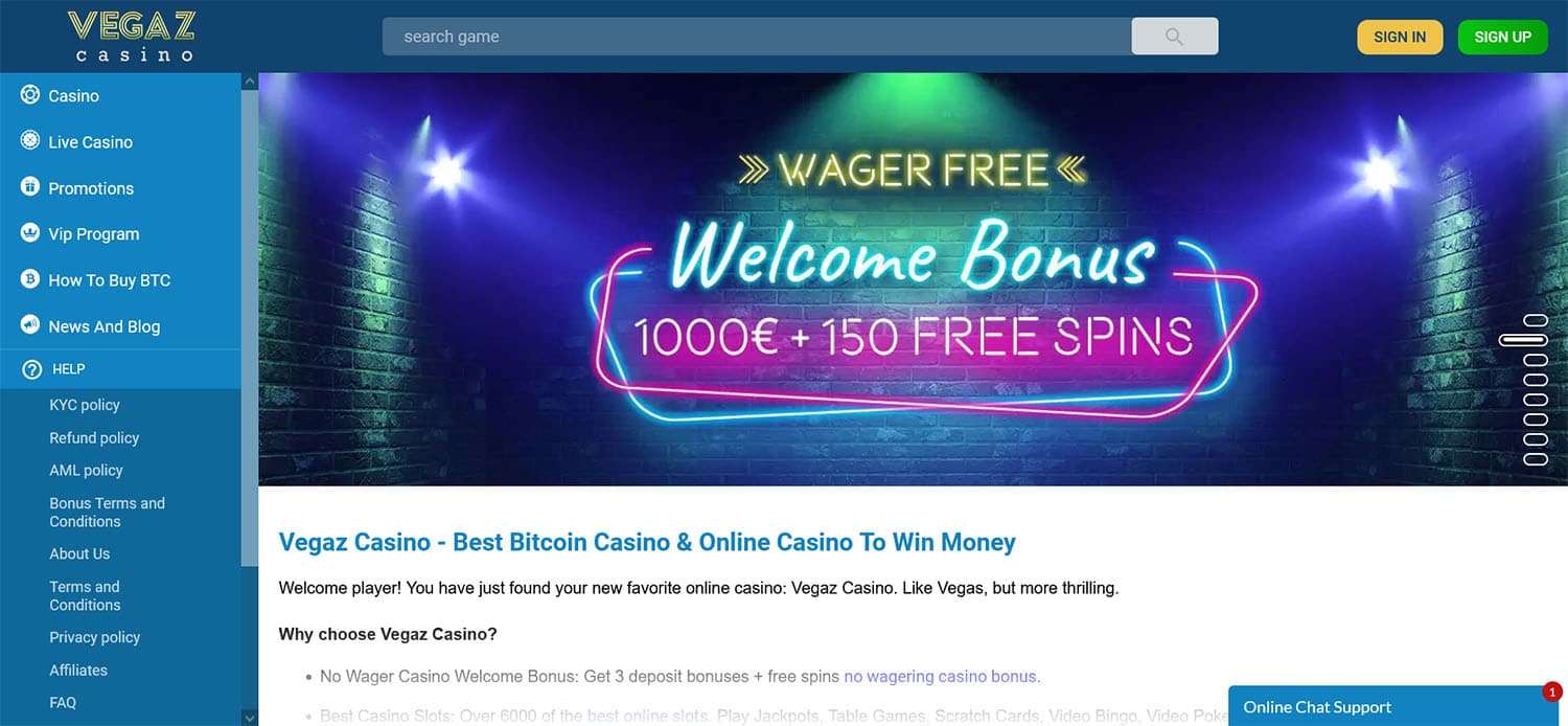 Vegaz Casino Screenshot